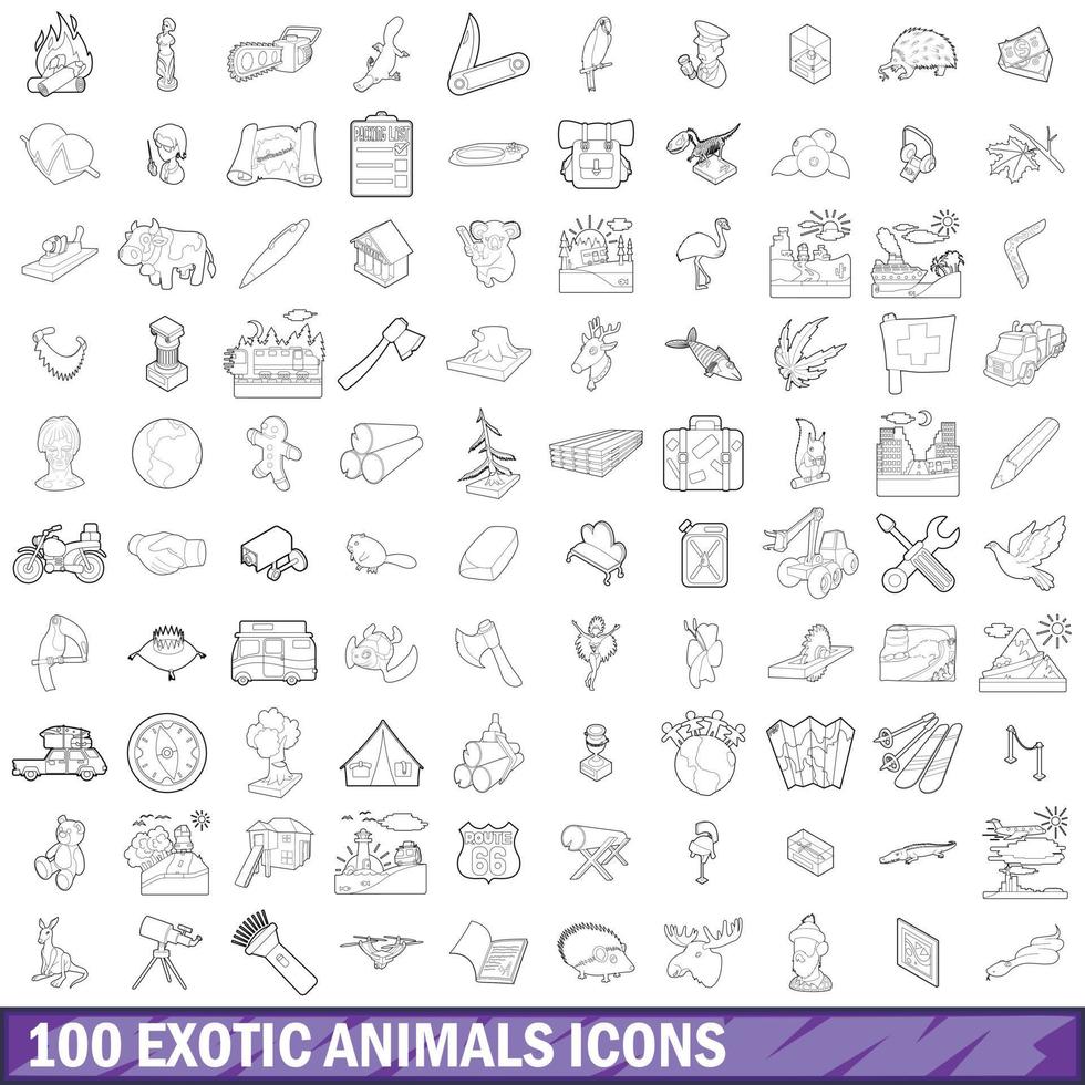 100 exotische dieren iconen set, Kaderstijl vector