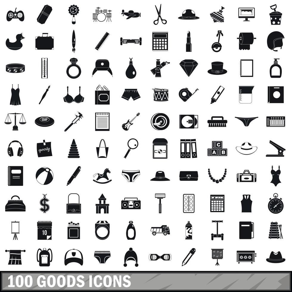 100 goederen iconen set, eenvoudige stijl vector