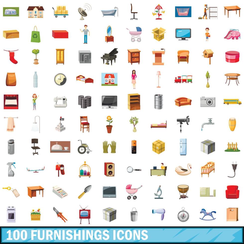 100 meubels iconen set, cartoon stijl vector
