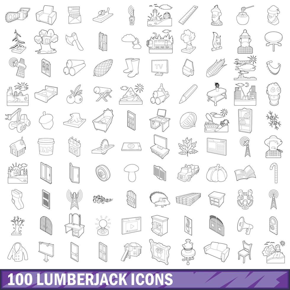 100 houthakker iconen set, Kaderstijl vector