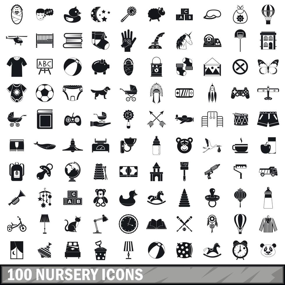 100 kinderdagverblijf iconen set, eenvoudige stijl vector