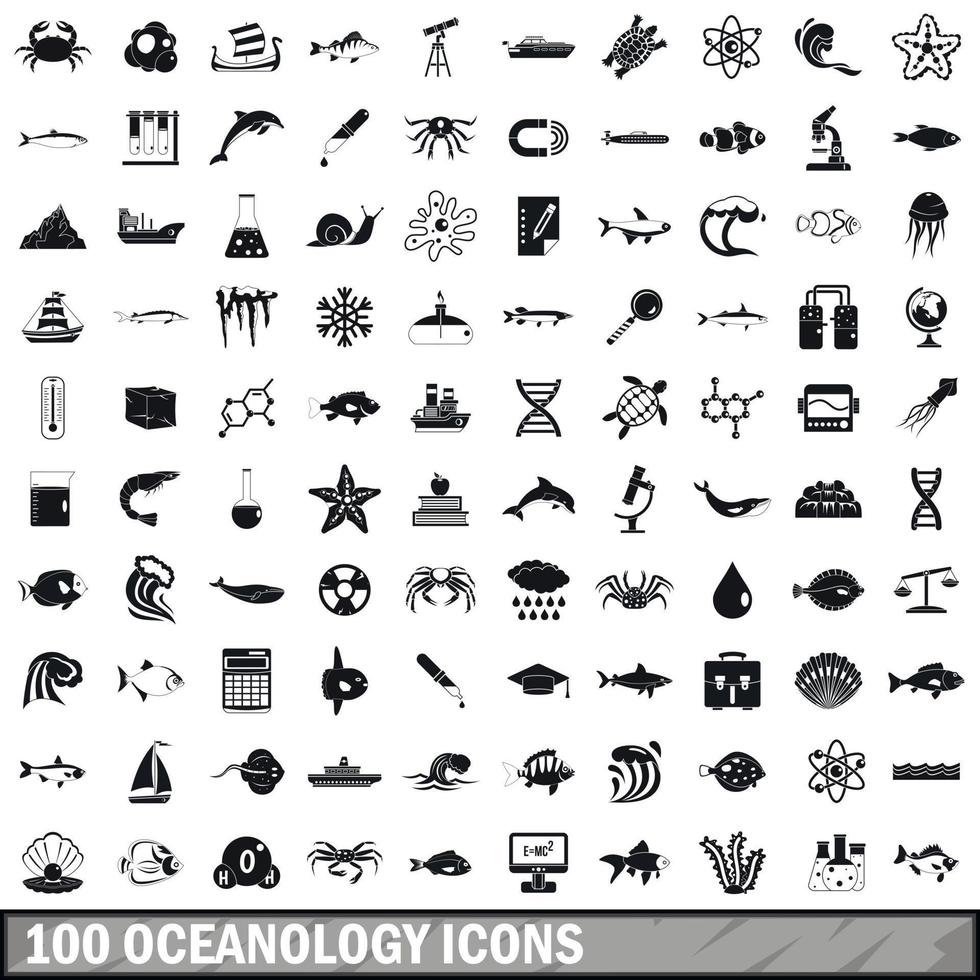 100 oceanologie iconen set, eenvoudige stijl vector