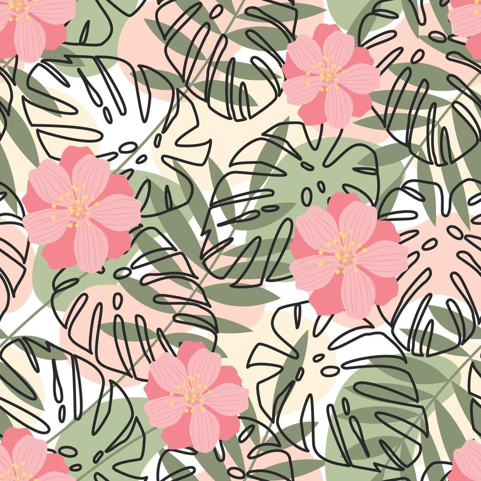 naadloze patroon van groene bladeren, roze bloemen en contouren van palmbladeren op een abstracte achtergrond van gekleurde vlekken. natuurlijke landschapsbanner. natuur versheid concept. lente achtergrond. vector