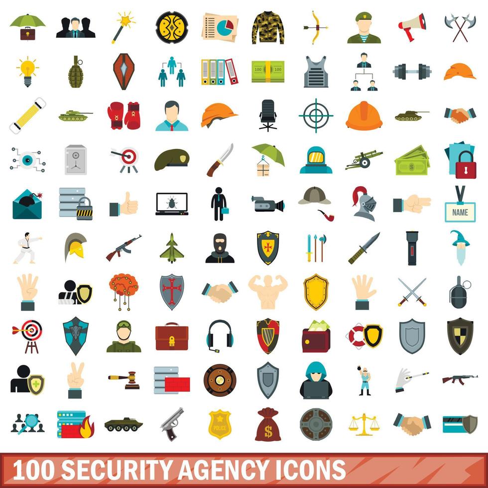 100 veiligheidsbureau iconen set, vlakke stijl vector