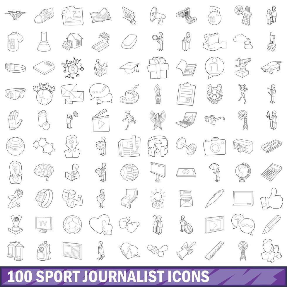 100 sport journalist iconen set, Kaderstijl vector