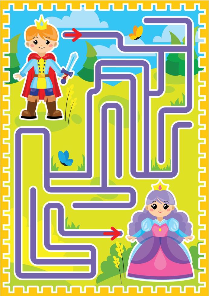 labyrint, weg of pad van de prins naar de prinses door de velden en bossen. kinderpuzzelspel voor het boek. vector