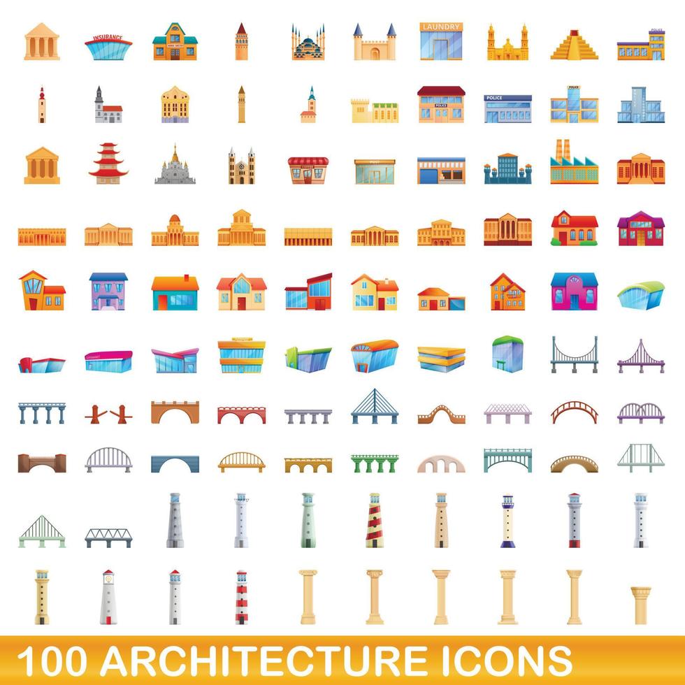 100 architectuur iconen set, cartoon stijl vector