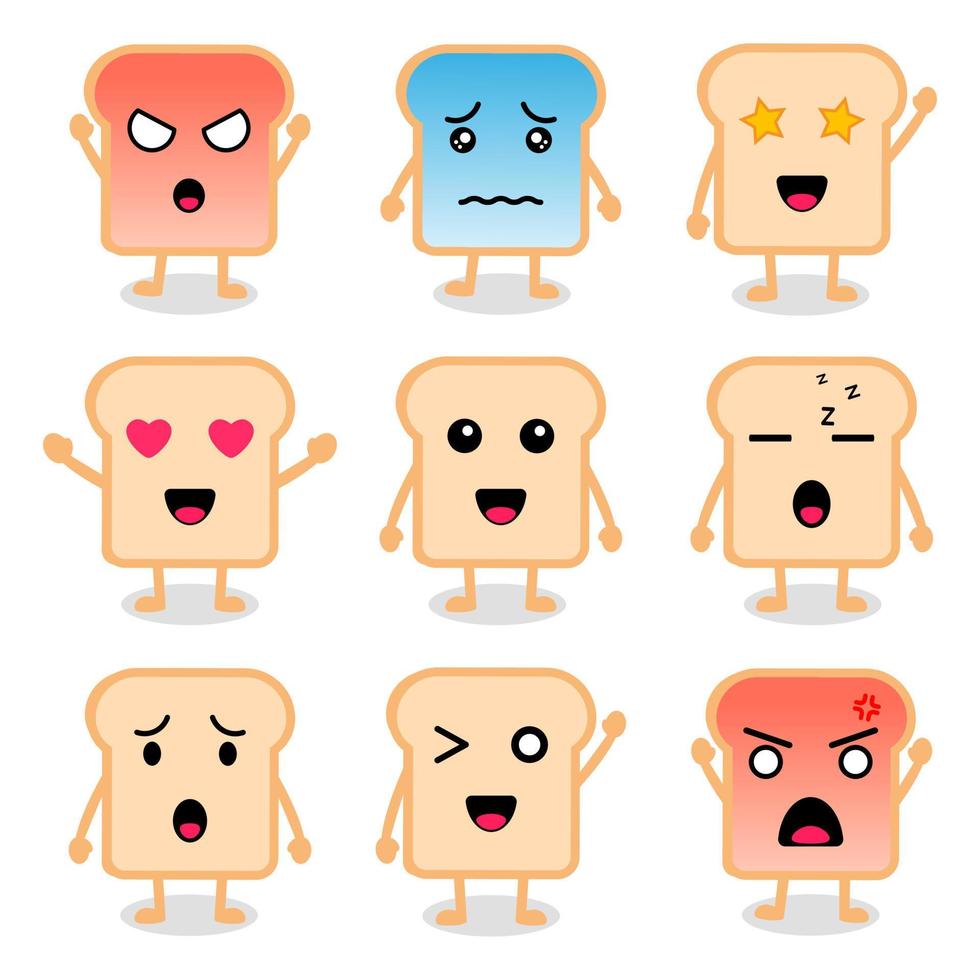 schattig brood stripfiguur met verschillende emoties. perfect voor het verzenden van expressieve berichten op sociale media naar vrienden, familie en meer. vector