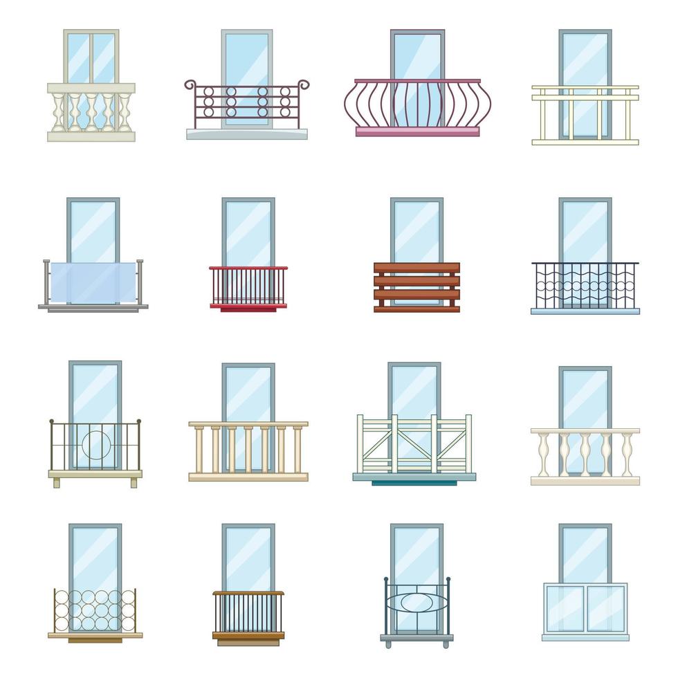 balkon venster vormen iconen set, cartoon stijl vector