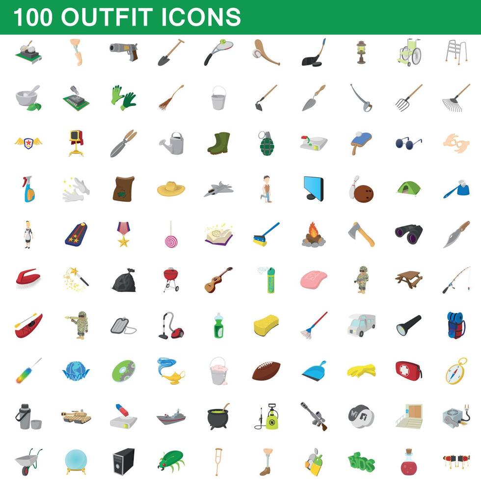 100 outfit iconen set, cartoon stijl vector