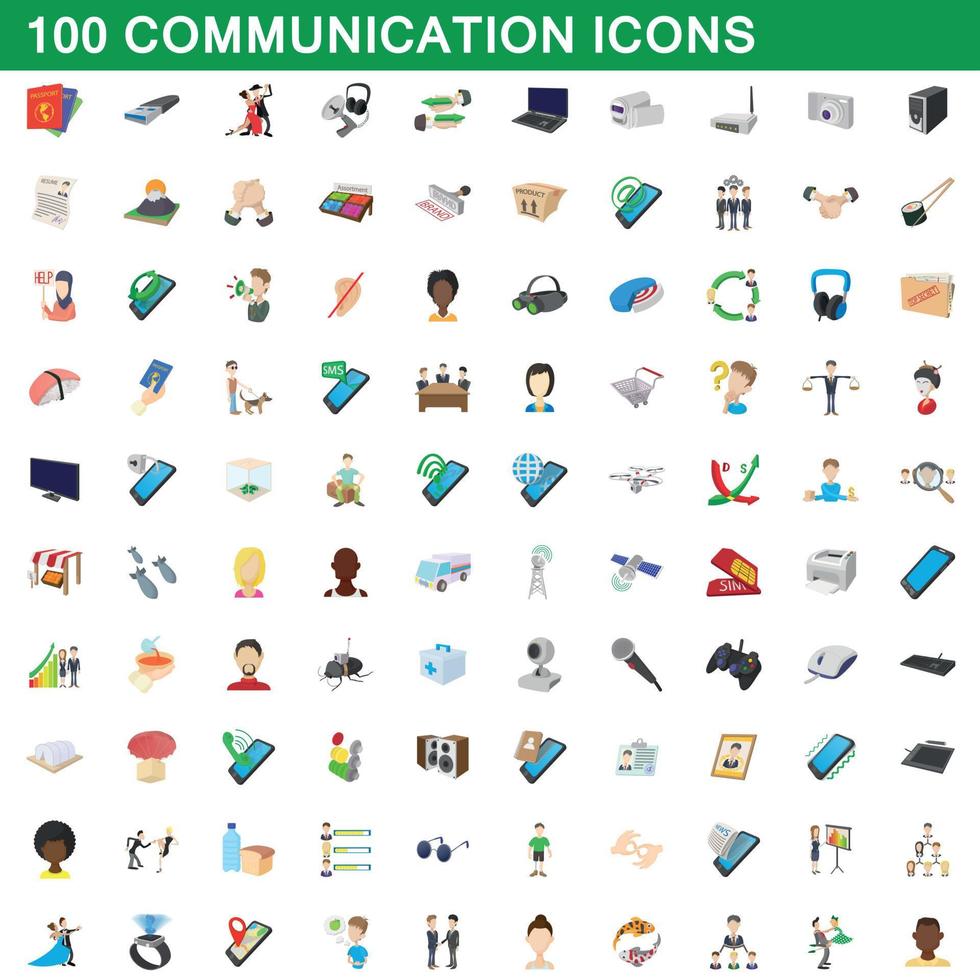 100 communicatie iconen set, cartoon stijl vector