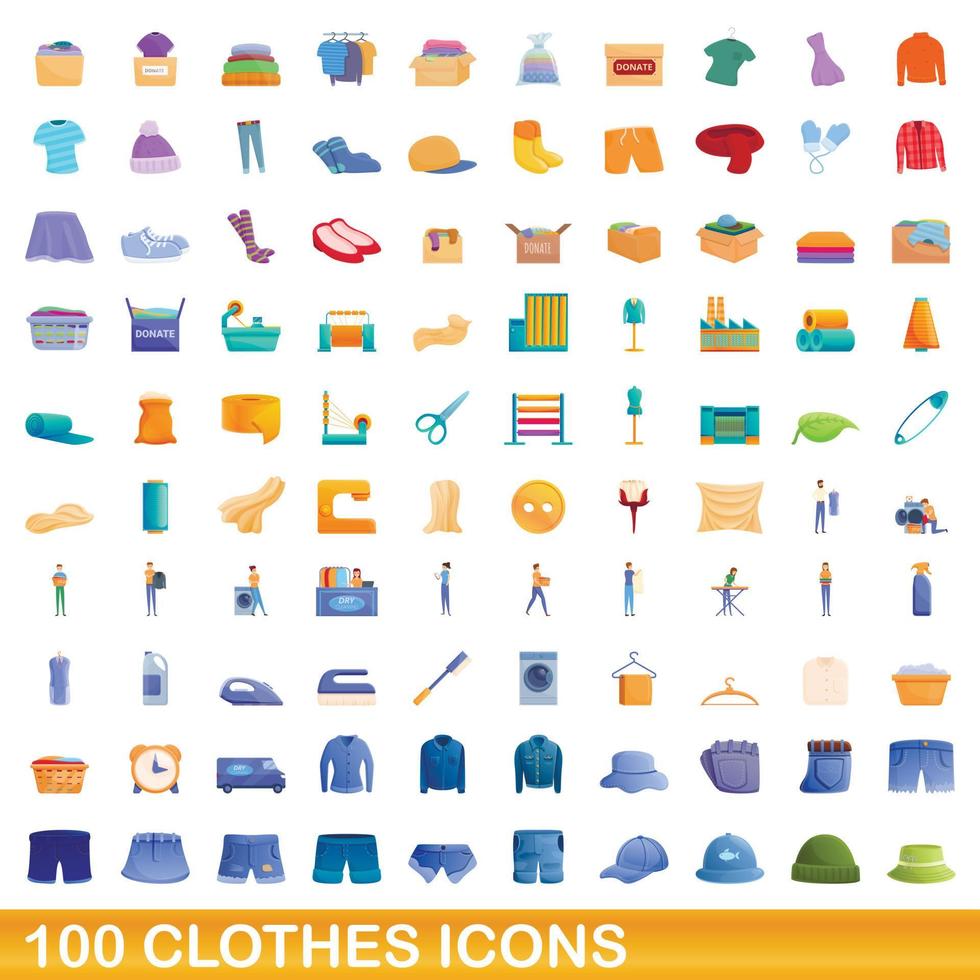 100 kleding iconen set, cartoon stijl vector