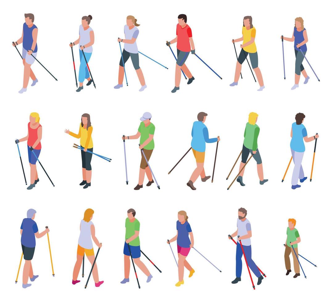 nordic walking iconen set, isometrische stijl vector