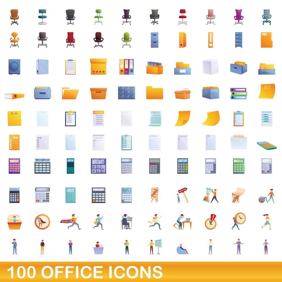 100 kantoor iconen set, cartoon stijl vector