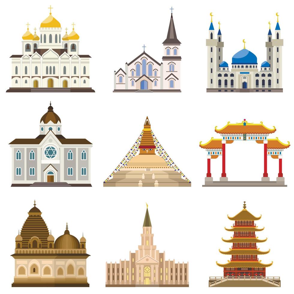 tempel iconen set, vlakke stijl vector