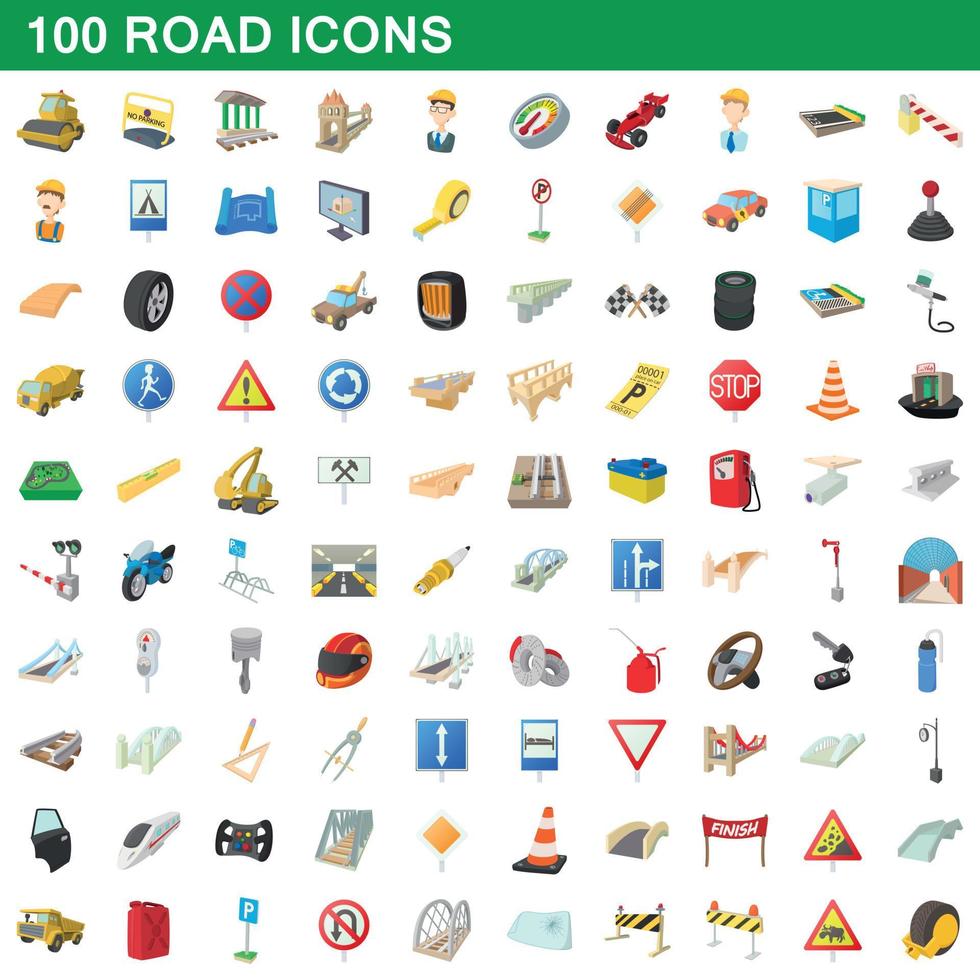100 weg iconen set, cartoon stijl vector