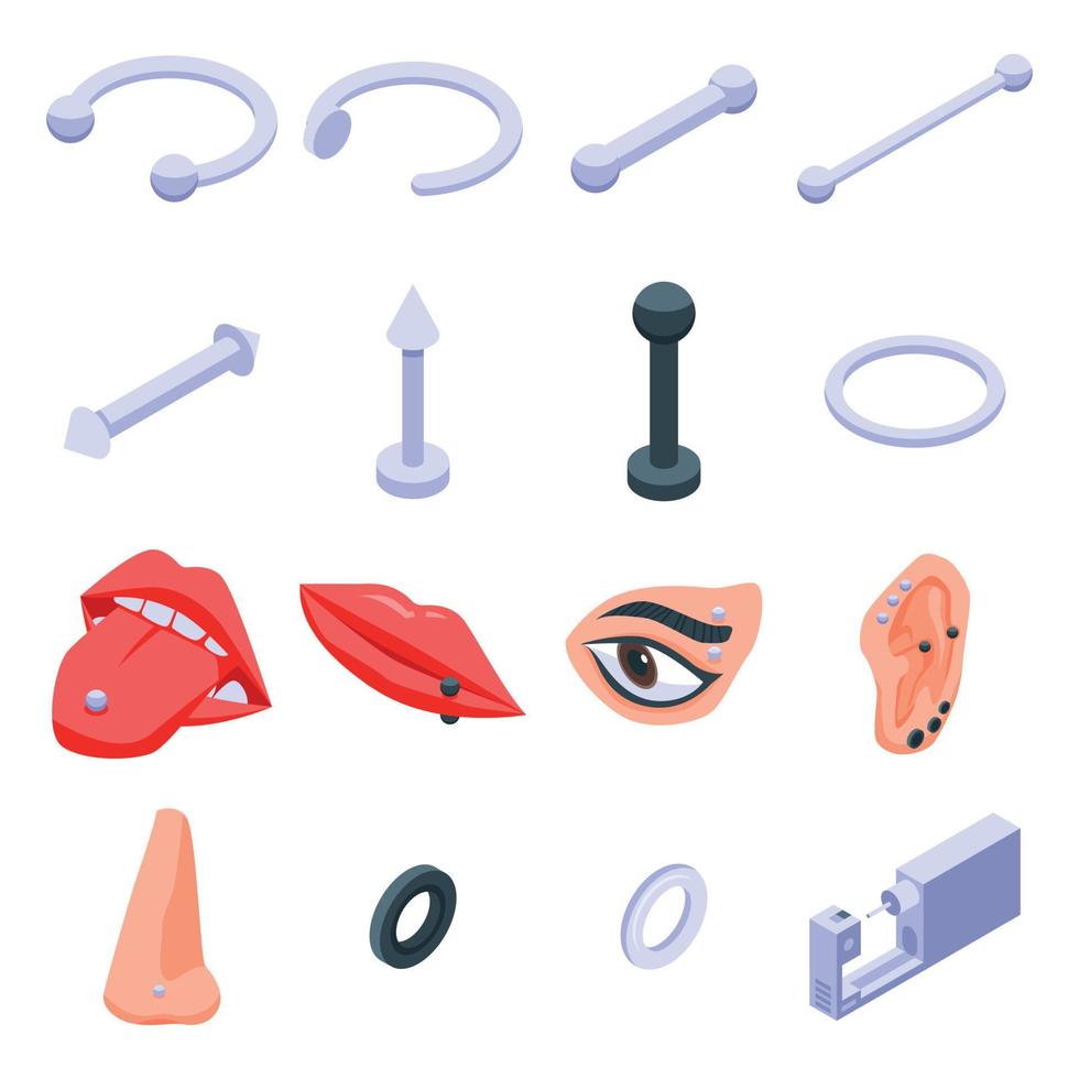 piercing iconen set, isometrische stijl vector