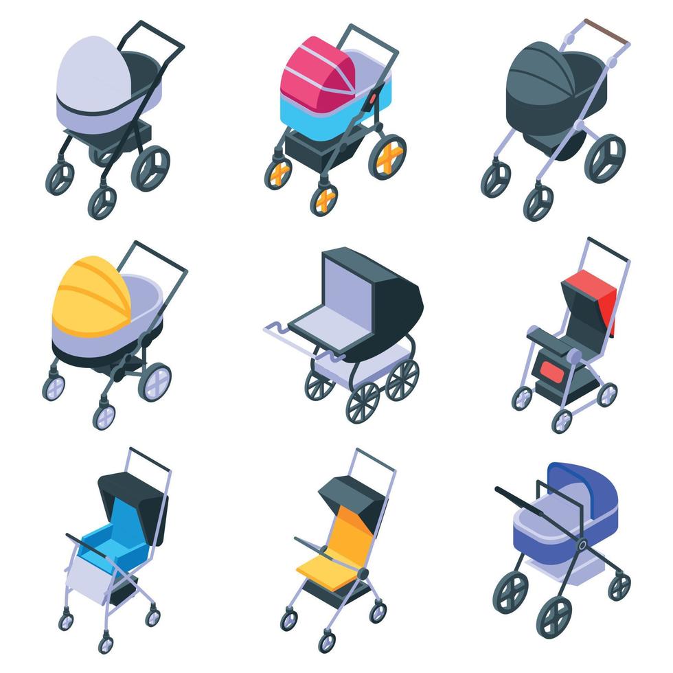 kinderwagen iconen set, isometrische stijl vector