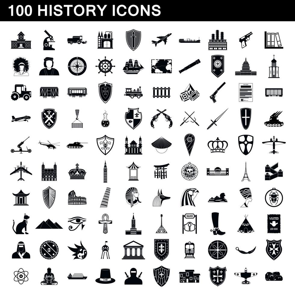 100 geschiedenis iconen set, eenvoudige stijl vector