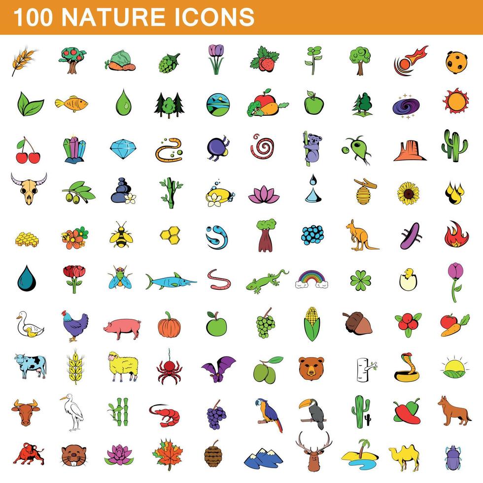 100 natuur iconen set, cartoon stijl vector