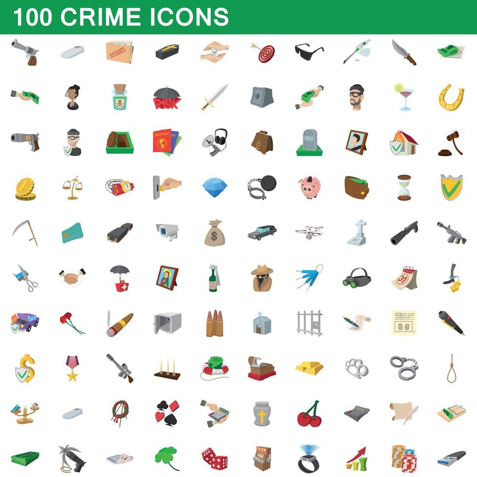 100 misdaad iconen set, cartoon stijl vector