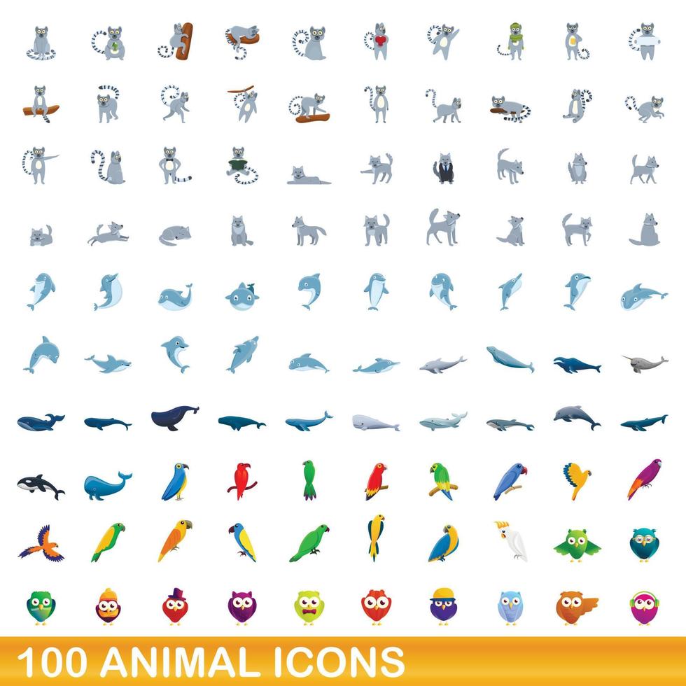 100 dieren iconen set, cartoon stijl vector