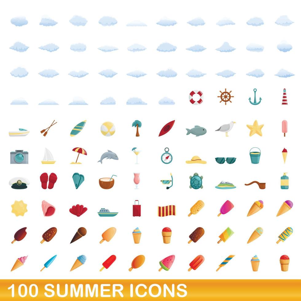 100 zomer iconen set, cartoon stijl vector