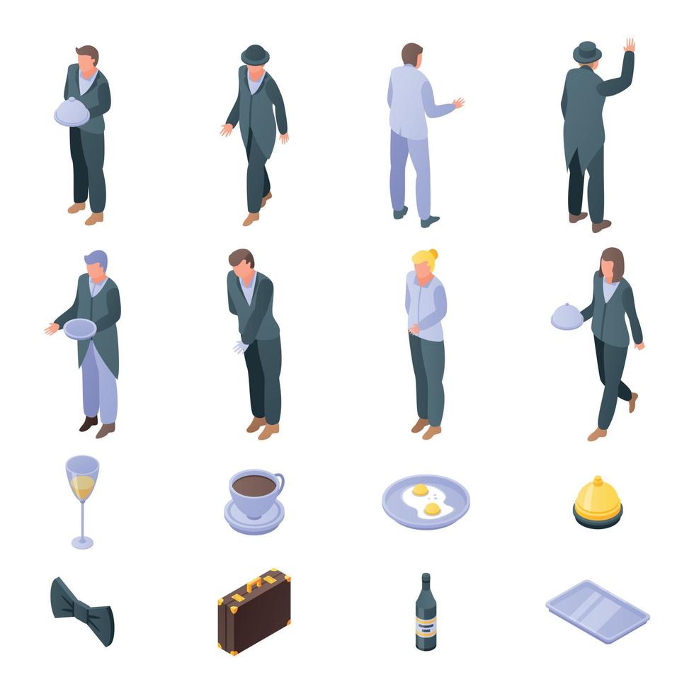 butler iconen set, isometrische stijl vector