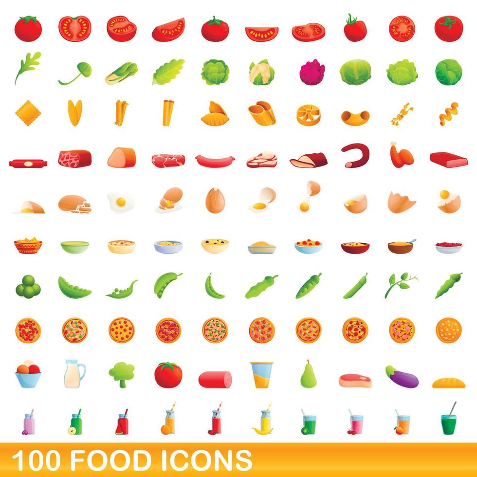 100 voedsel iconen set, cartoon stijl vector