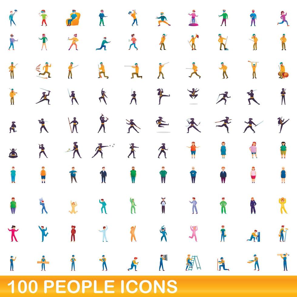 100 mensen iconen set, cartoon stijl vector