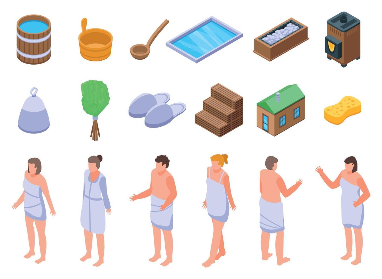 sauna iconen set, isometrische stijl vector