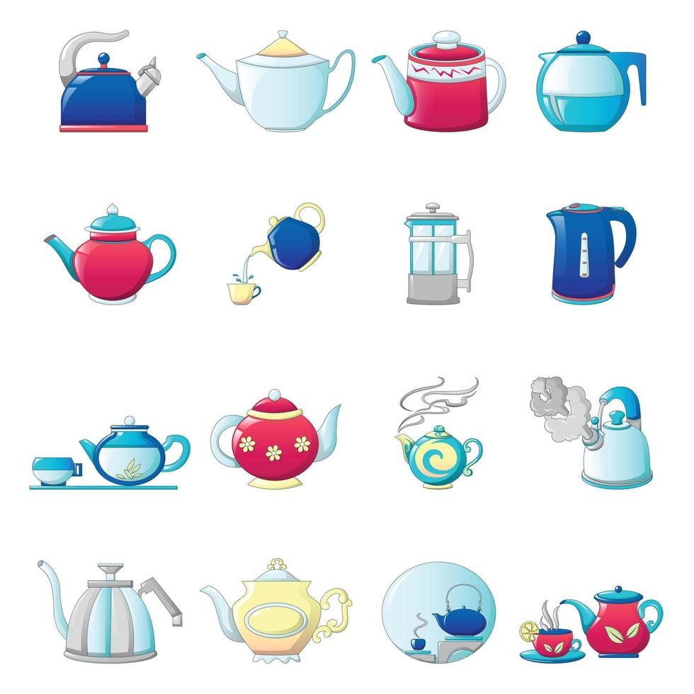 waterkoker theepot iconen set, cartoon stijl vector