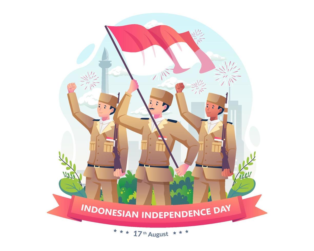 Indonesische soldaten in vintage uniformen met geweren en met een rode en witte vlag van indonesië. gelukkige onafhankelijkheidsdag van indonesië op 17 augustus. vectorillustratie in vlakke stijl vector