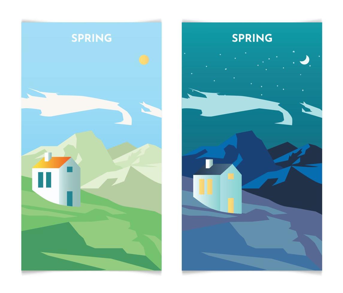 lente landschap bij dag en nacht. lente seizoen banners instellen sjabloon vectorillustratie vector