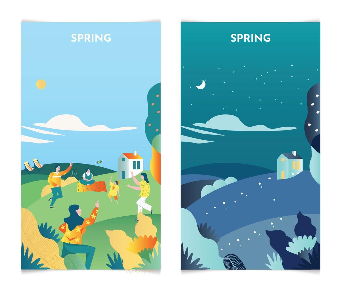 lente landschap bij dag en nacht. lente seizoen banners instellen sjabloon vectorillustratie vector