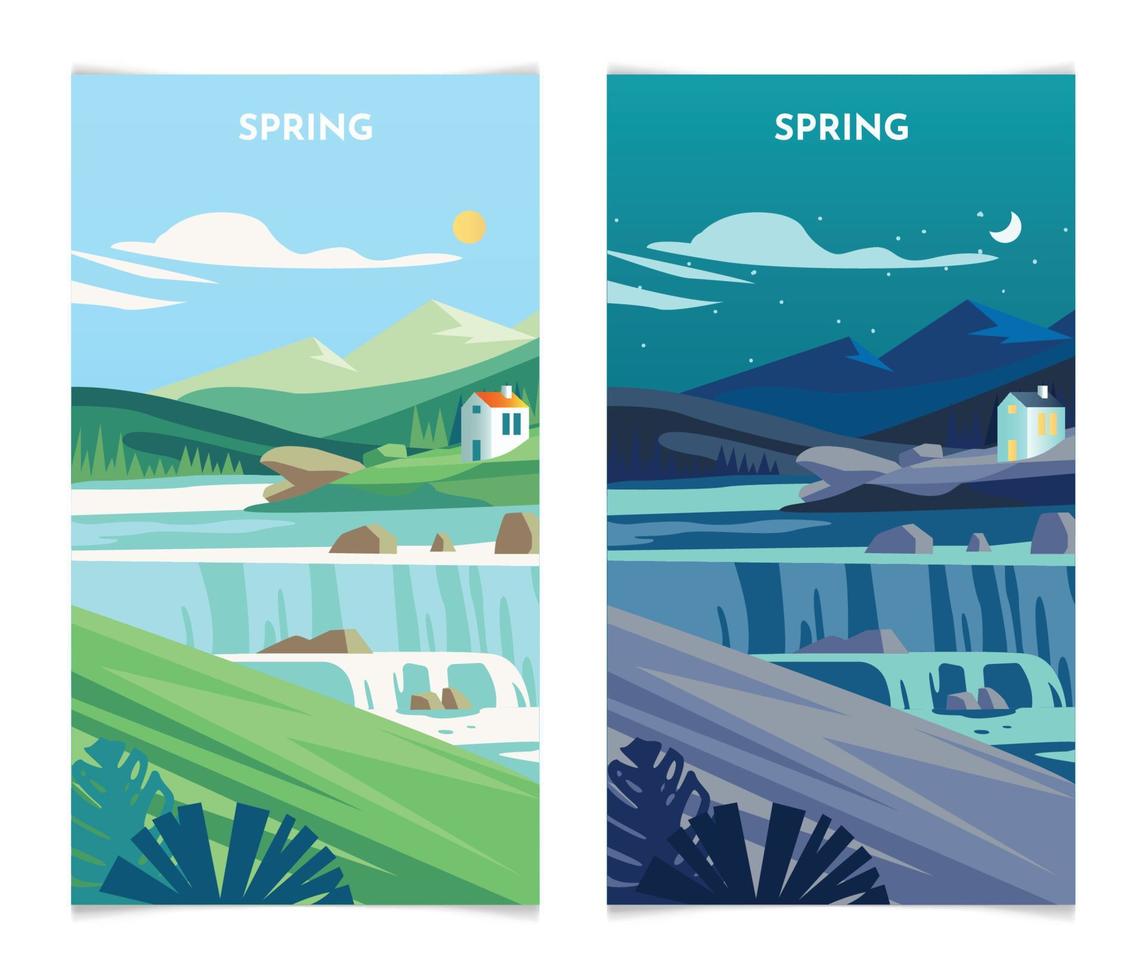 lente landschap bij dag en nacht. lente seizoen banners instellen sjabloon vectorillustratie vector