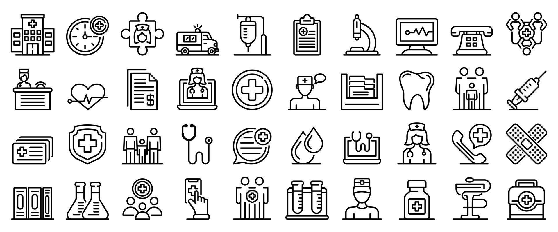 familie gezondheidskliniek iconen set, Kaderstijl vector