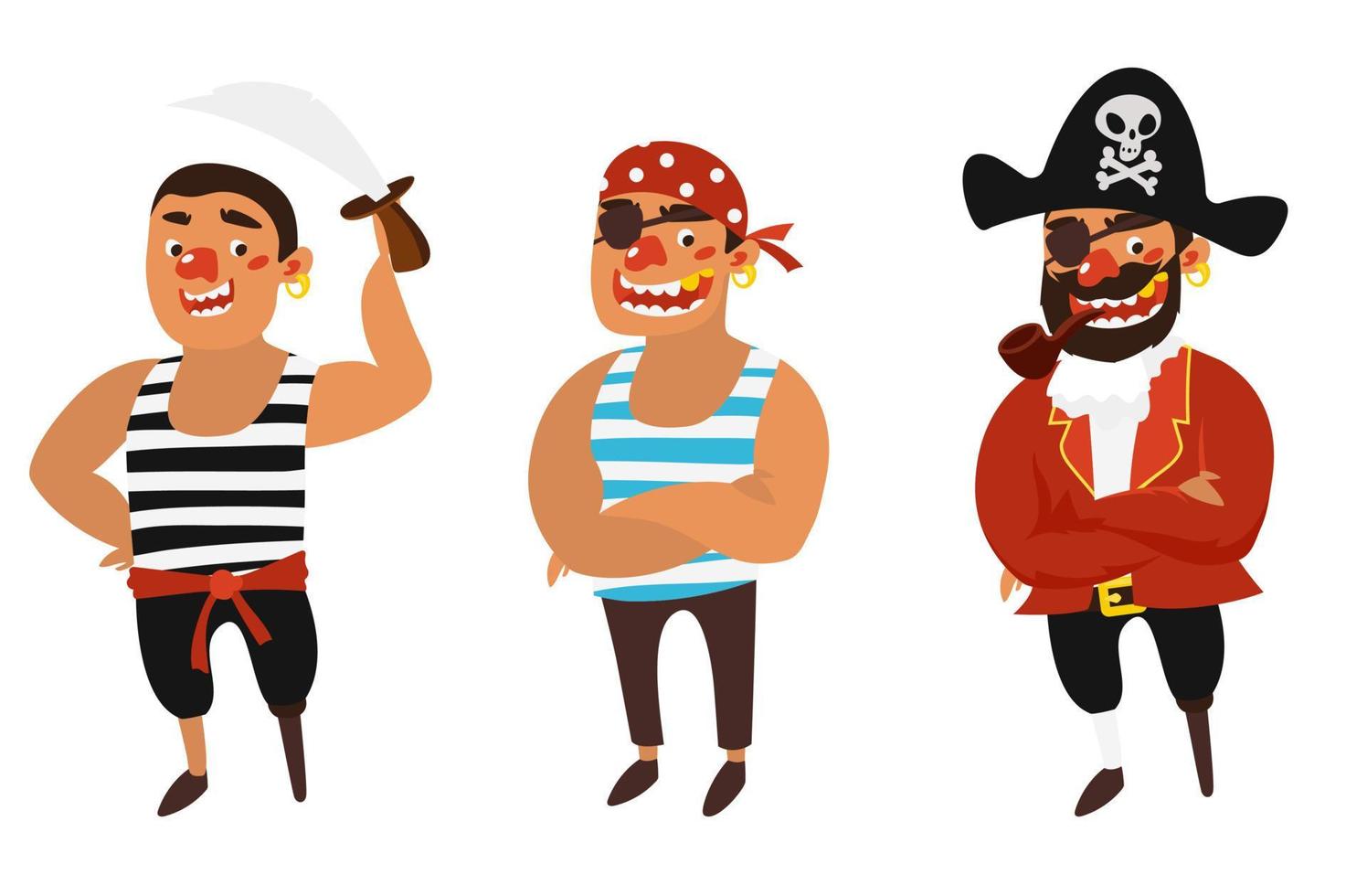 vectorillustratie instellen cartoon schattige lachende piraten met zwaard, geen oog en hoed met een schedel. vector