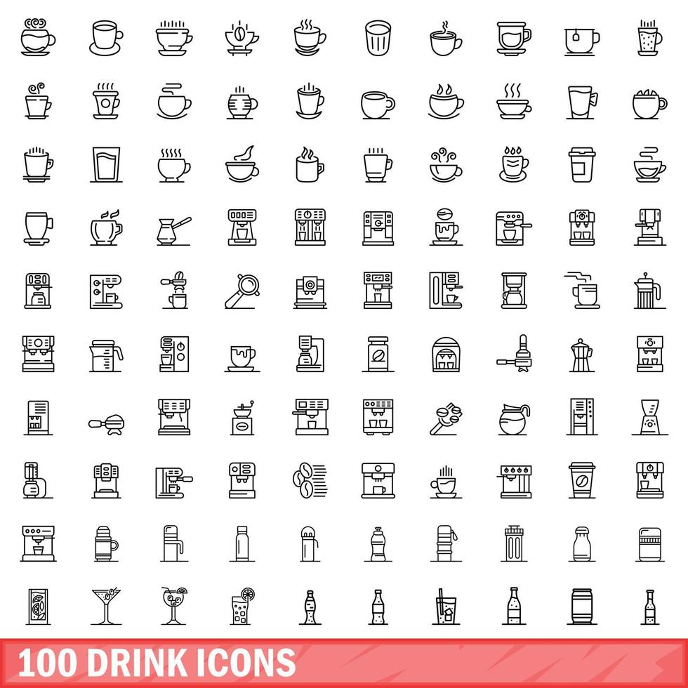 100 drank iconen set, Kaderstijl vector