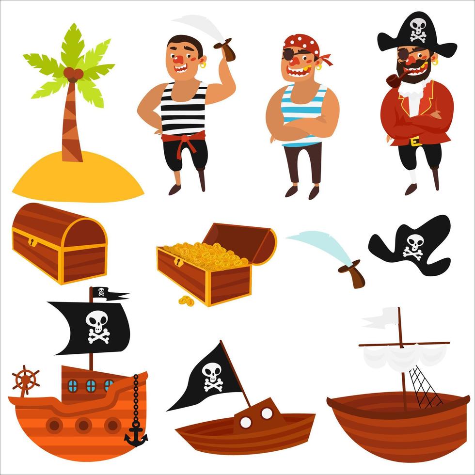 piraat accessoires illustratie van een set van piraat, zeilen, schip, goud, zwaard, schedel eiland en schat. vector
