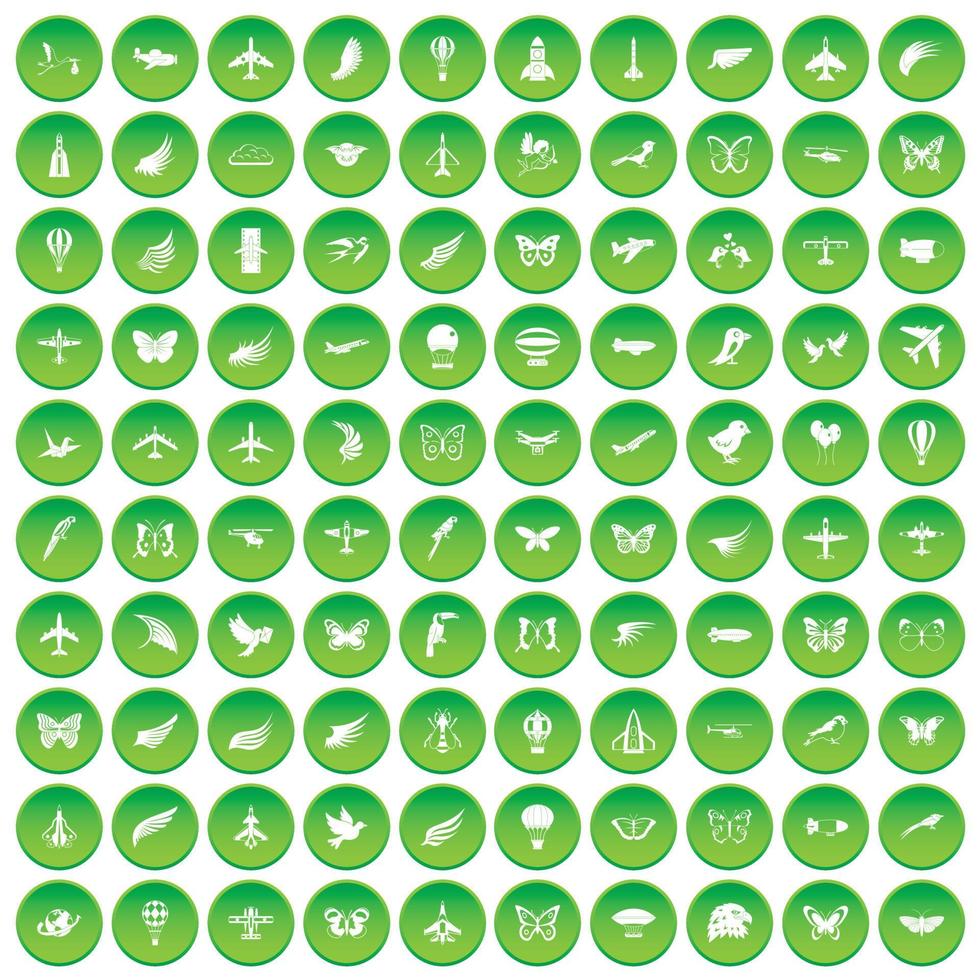 100 vliegpictogrammen instellen groene cirkel vector