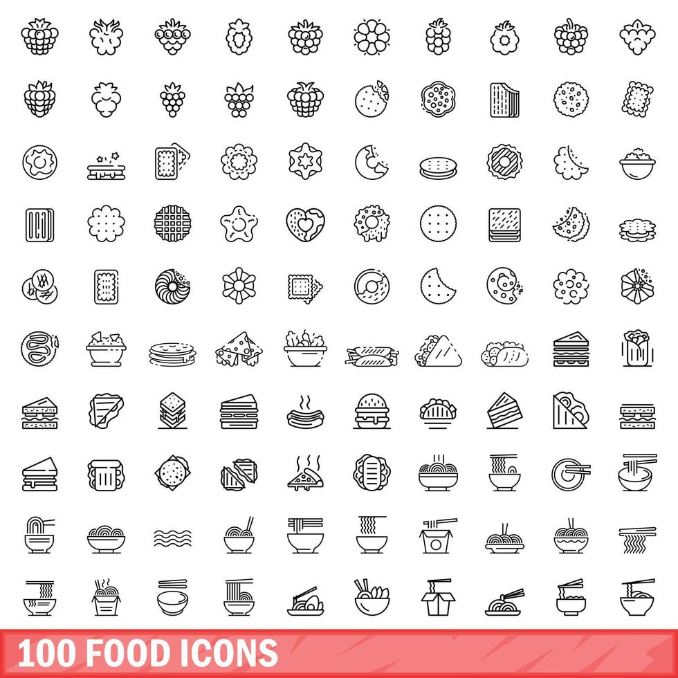 100 voedsel iconen set, Kaderstijl vector