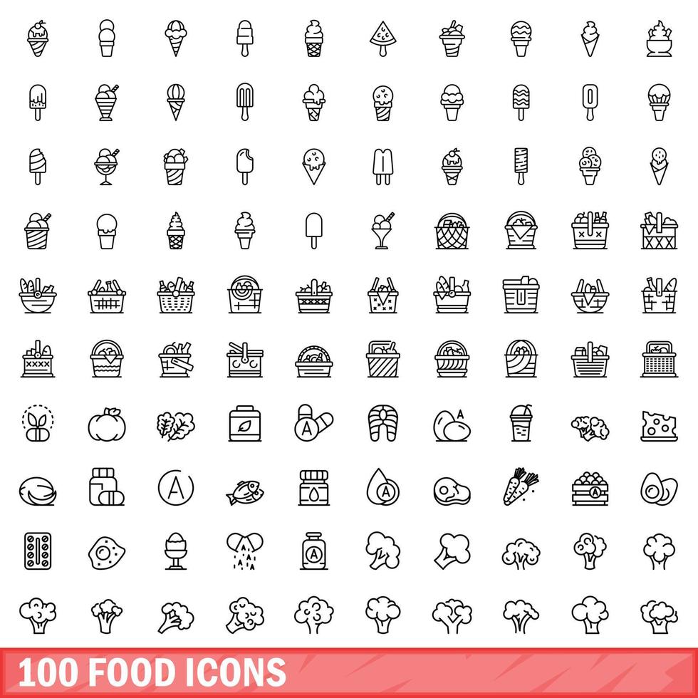 100 voedsel iconen set, Kaderstijl vector