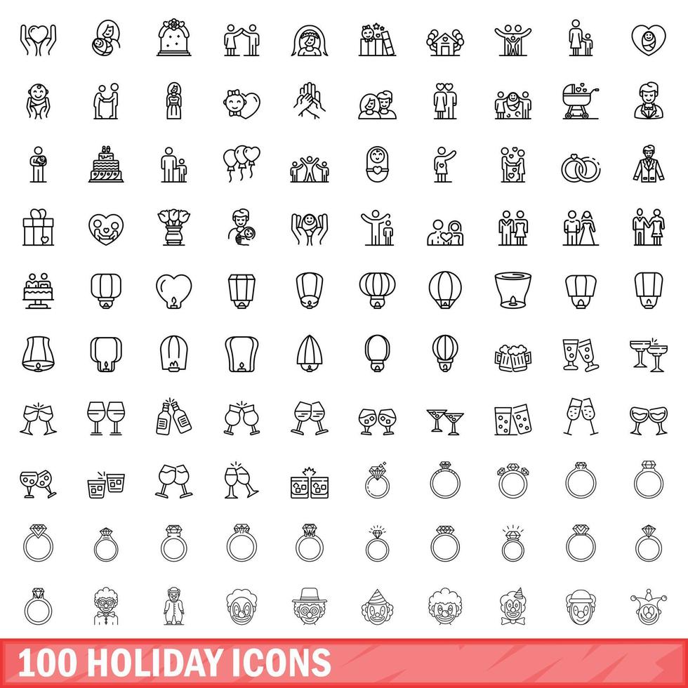 100 vakantie iconen set, Kaderstijl vector