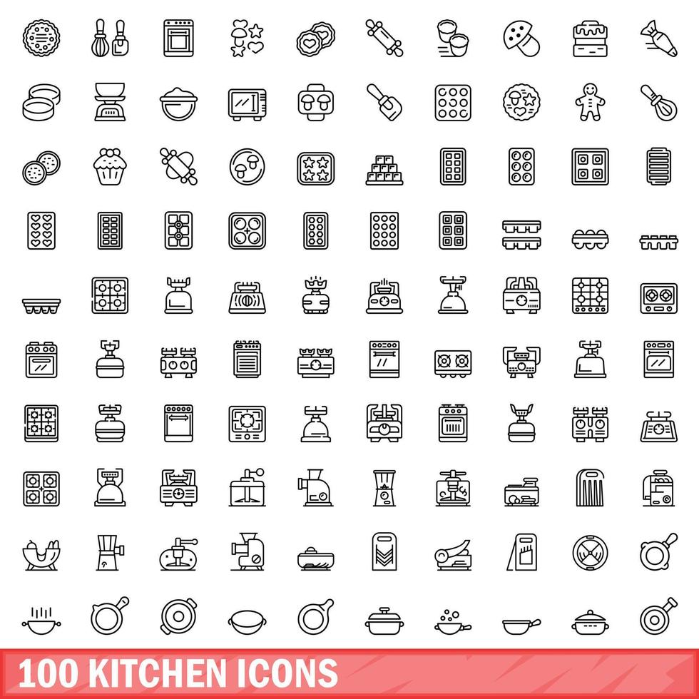 100 keuken iconen set, Kaderstijl vector