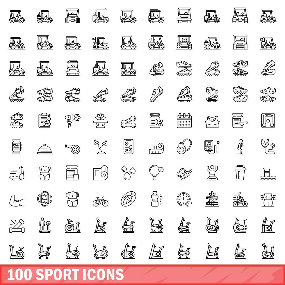 100 sport iconen set, Kaderstijl vector