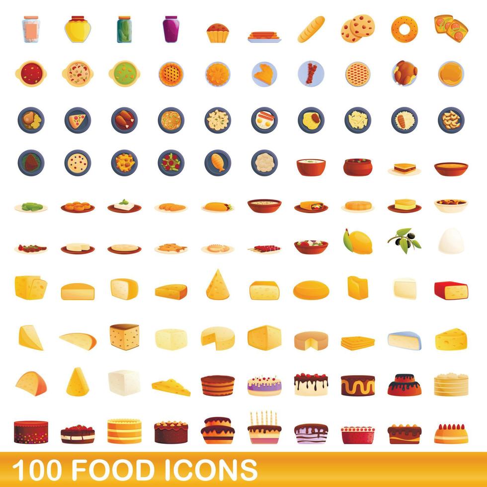 100 voedsel iconen set, cartoon stijl vector