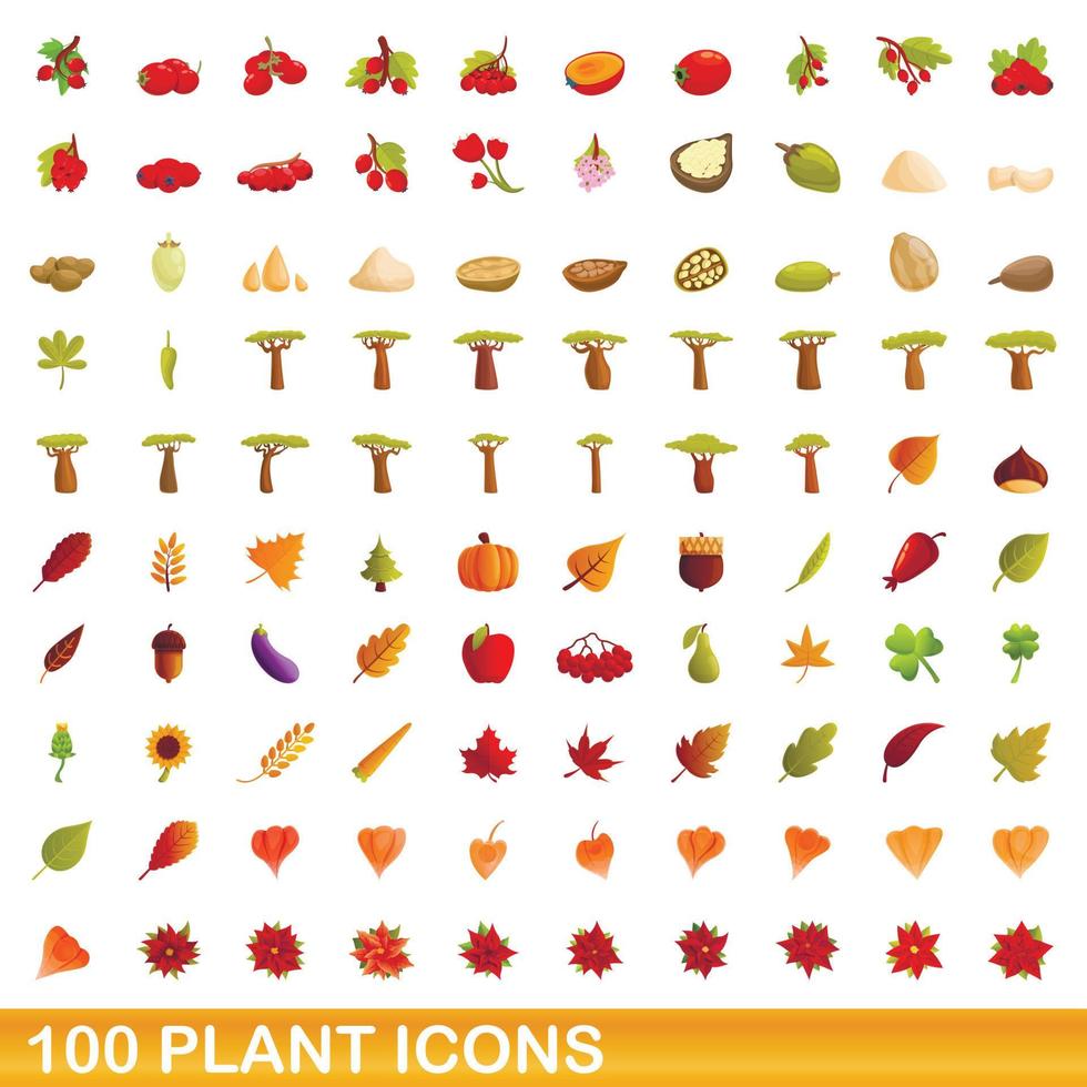 100 planten iconen set, cartoon stijl vector