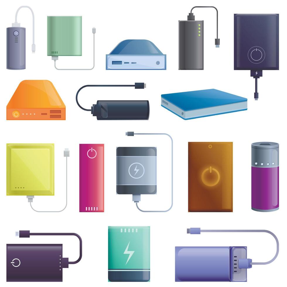 powerbank iconen set, cartoon stijl vector