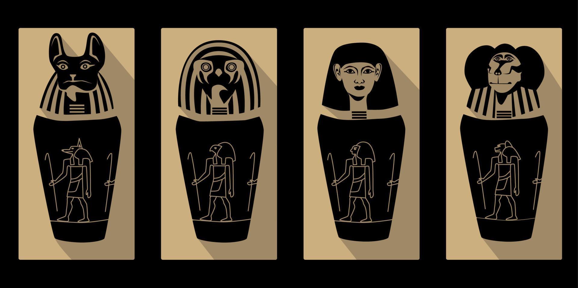 canopische potten oude Egyptische elementen die worden gebruikt voor mummificatie. contrast vectorillustratie. vector